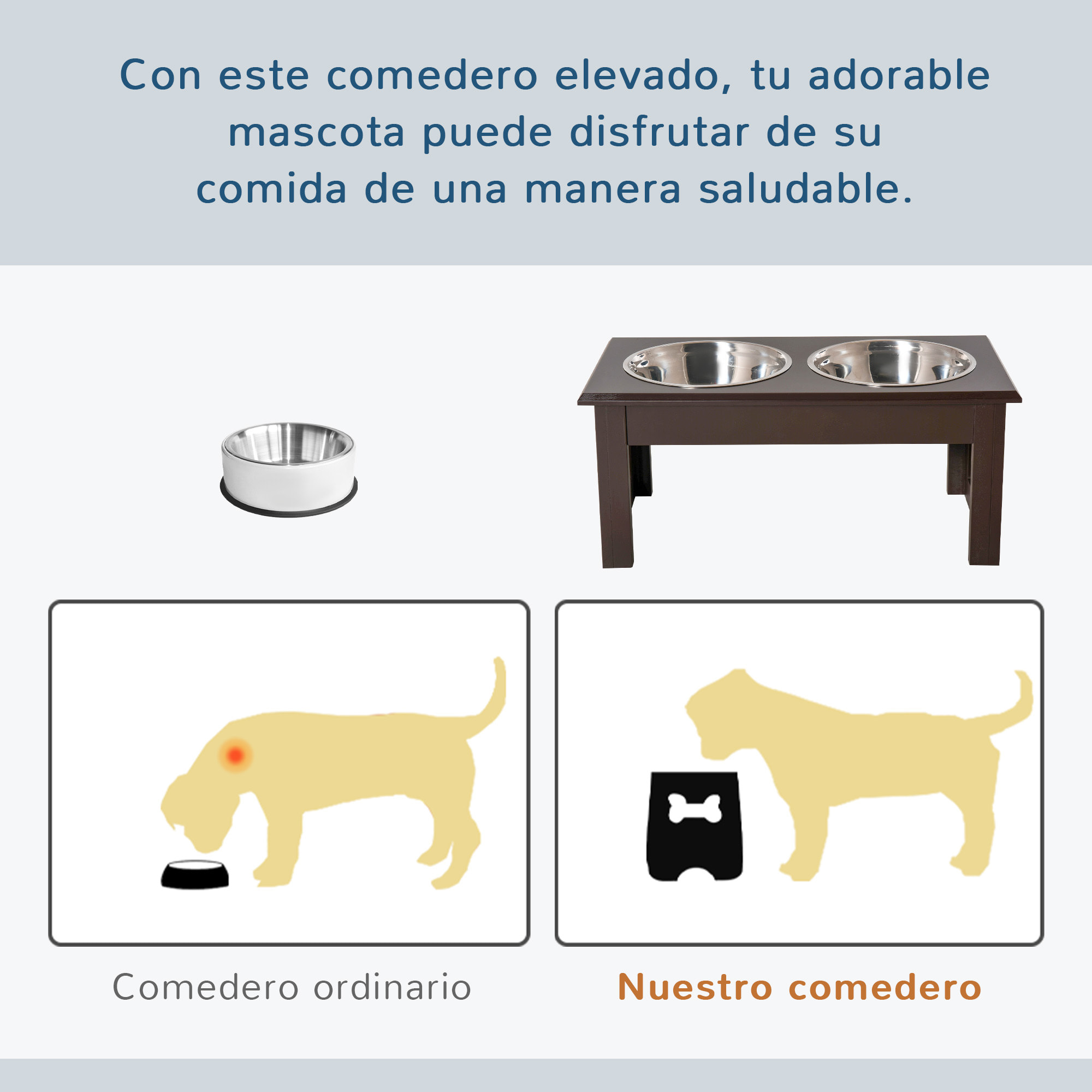 Comedero Elevado para Perros con Soporte y 2 Cuencos Extraíbles de Acero Inoxidable Alimentador para Mascotas Alimento y Agua 44x24x15 cm Marrón