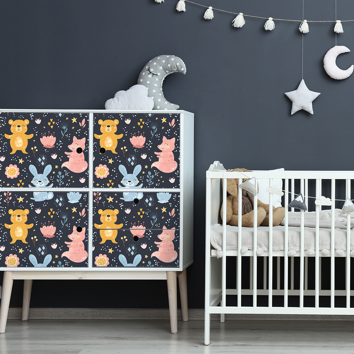 Sticker meuble pour enfant ourson et renard de la forêt 40 x 60 cm