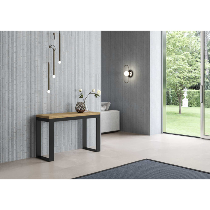 Table Tecno Double Chêne Nature 120x45 ouverte/Allongée120x90/200x90 pieds/cadre Anthracite