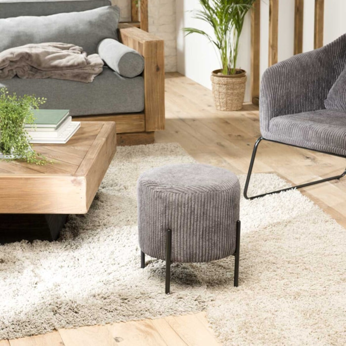 AGATHE - Tabouret rond 36x36cm tissu velours côtelé gris anthracite pieds métal