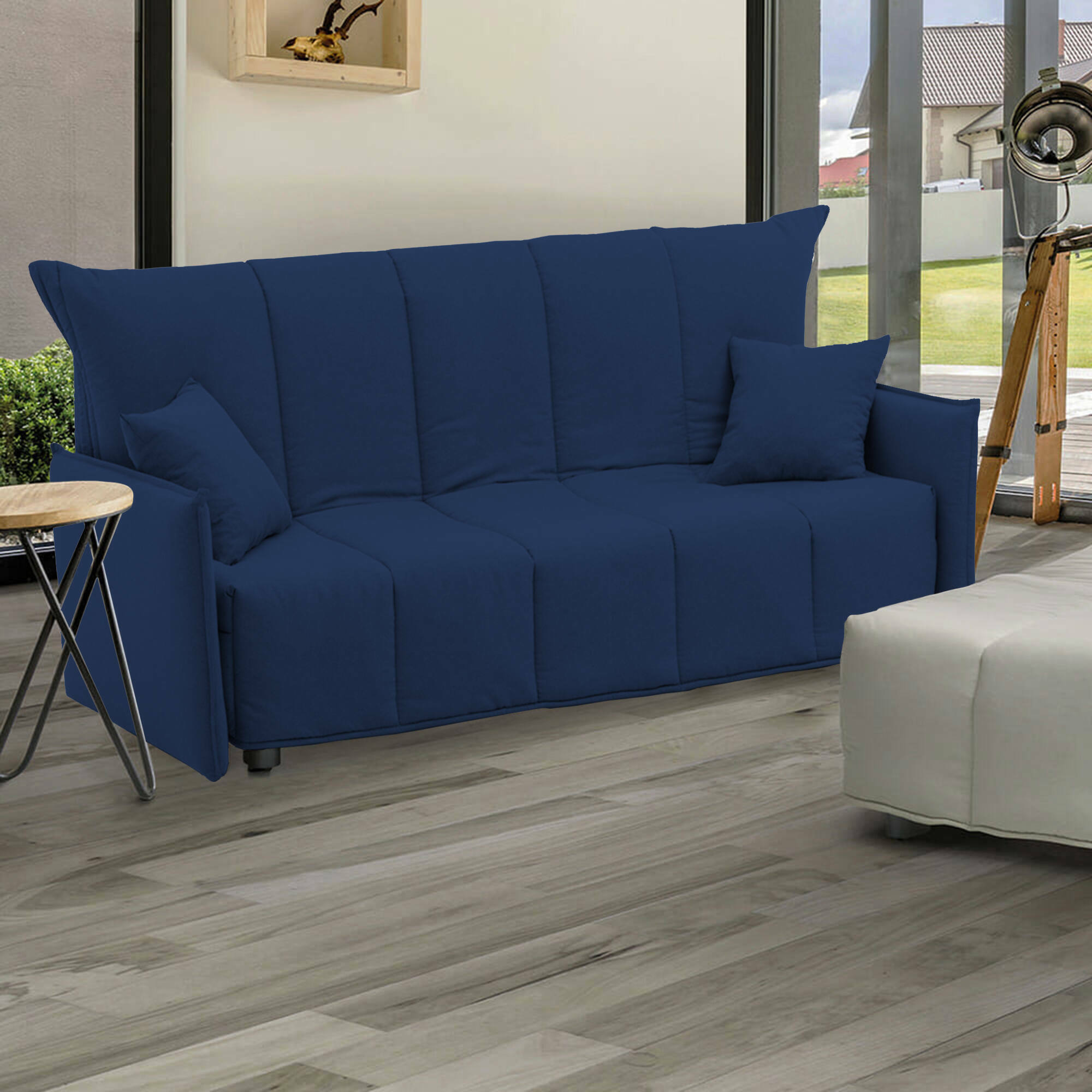 Divano Letto Alissa, Divano a 2 posti, 100% Made in Italy, Sofà Soggiorno con apertura a carrello, in tessuto imbottito, con Braccioli standard, Cm 150x90h85, Blu