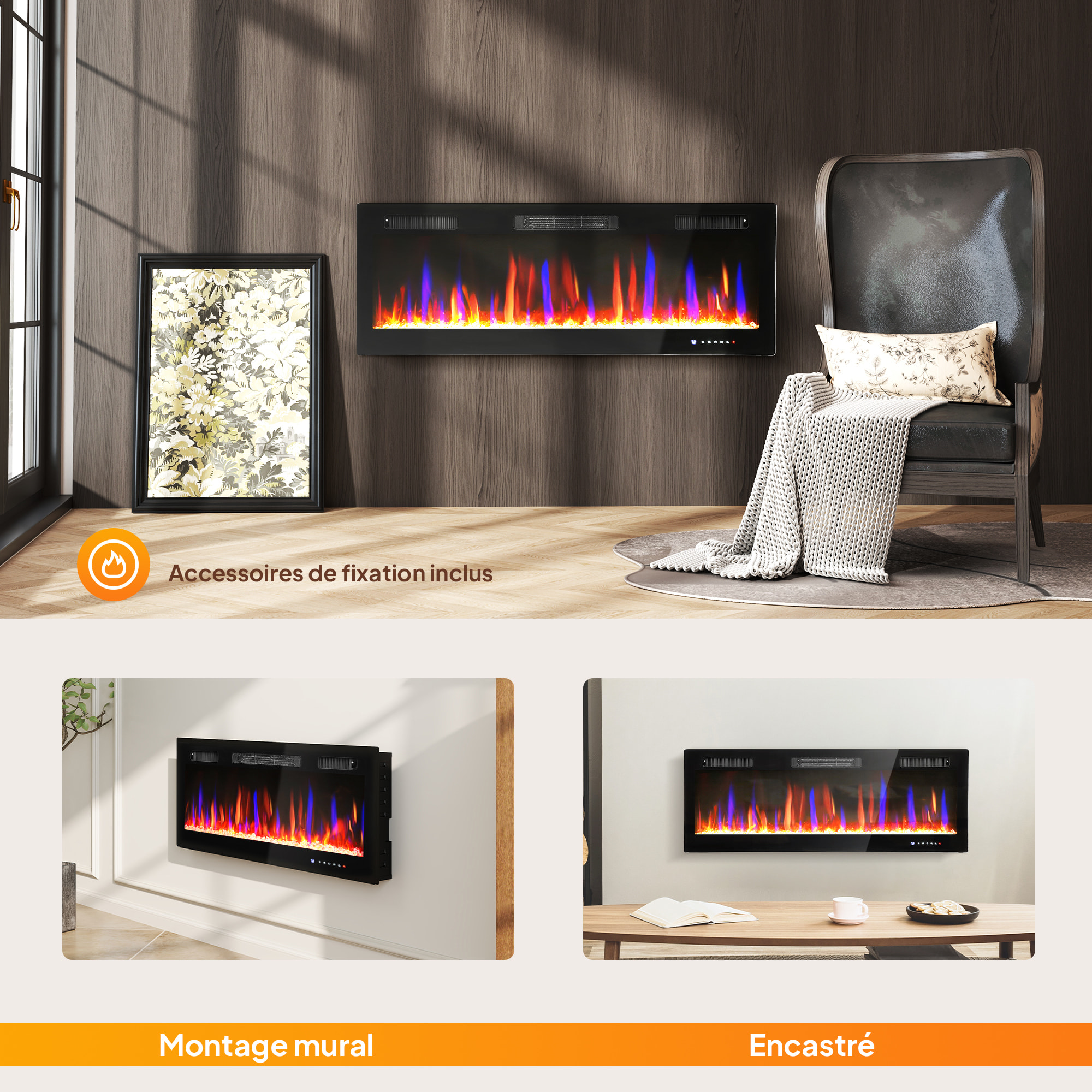 Cheminée électrique mural ou encastrable 900W/1800W nombreux effets réglables thermostat télécommande mode éco