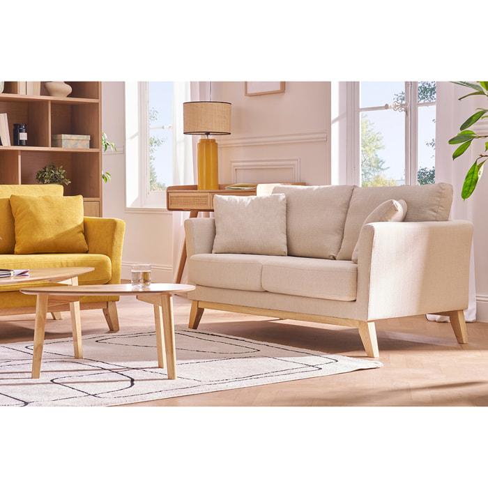 Canapé scandinave déhoussable 2 places en tissu vert de gris et bois clair OSLO