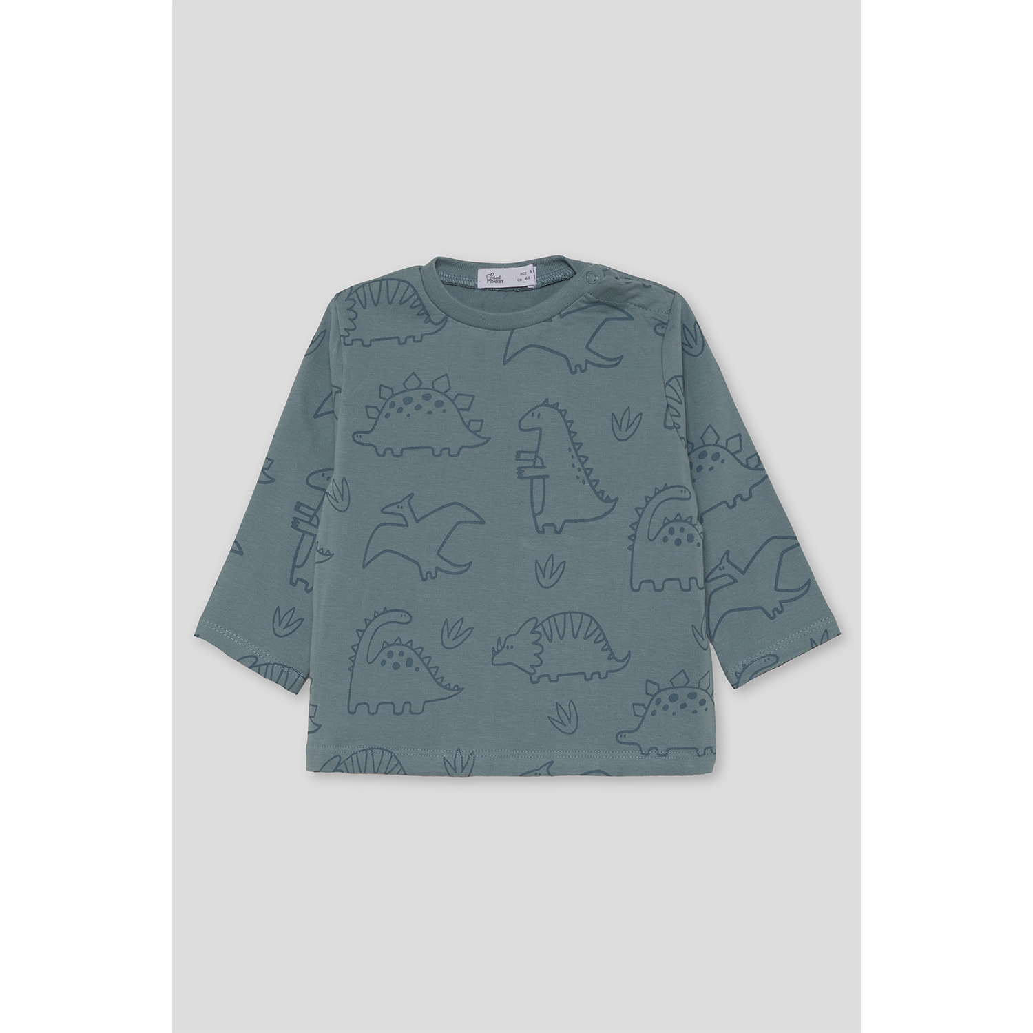 Camiseta niño azul verdoso de manga larga, estampado de dinosaurios y botón a presión en el hombro | Color: Azul verdoso | Street Monkey