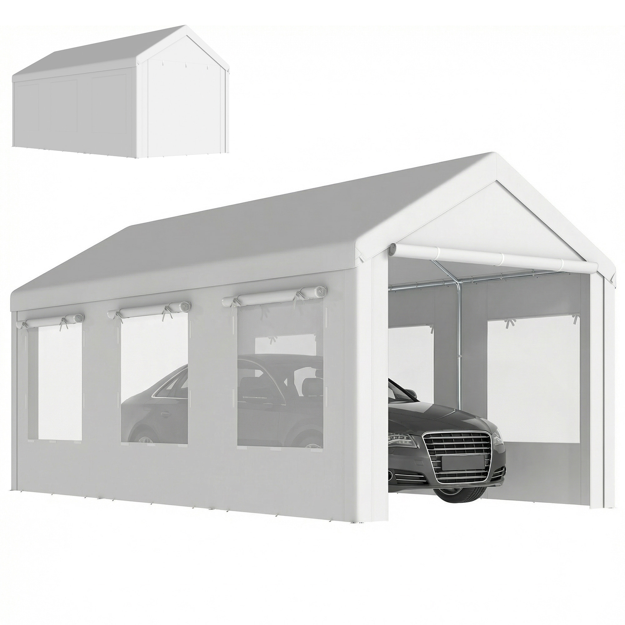 Carport auvent pour voiture 6x3m 8 fenêtres 2 portes zippées acier galvanisé robuste PE haute densité blanc