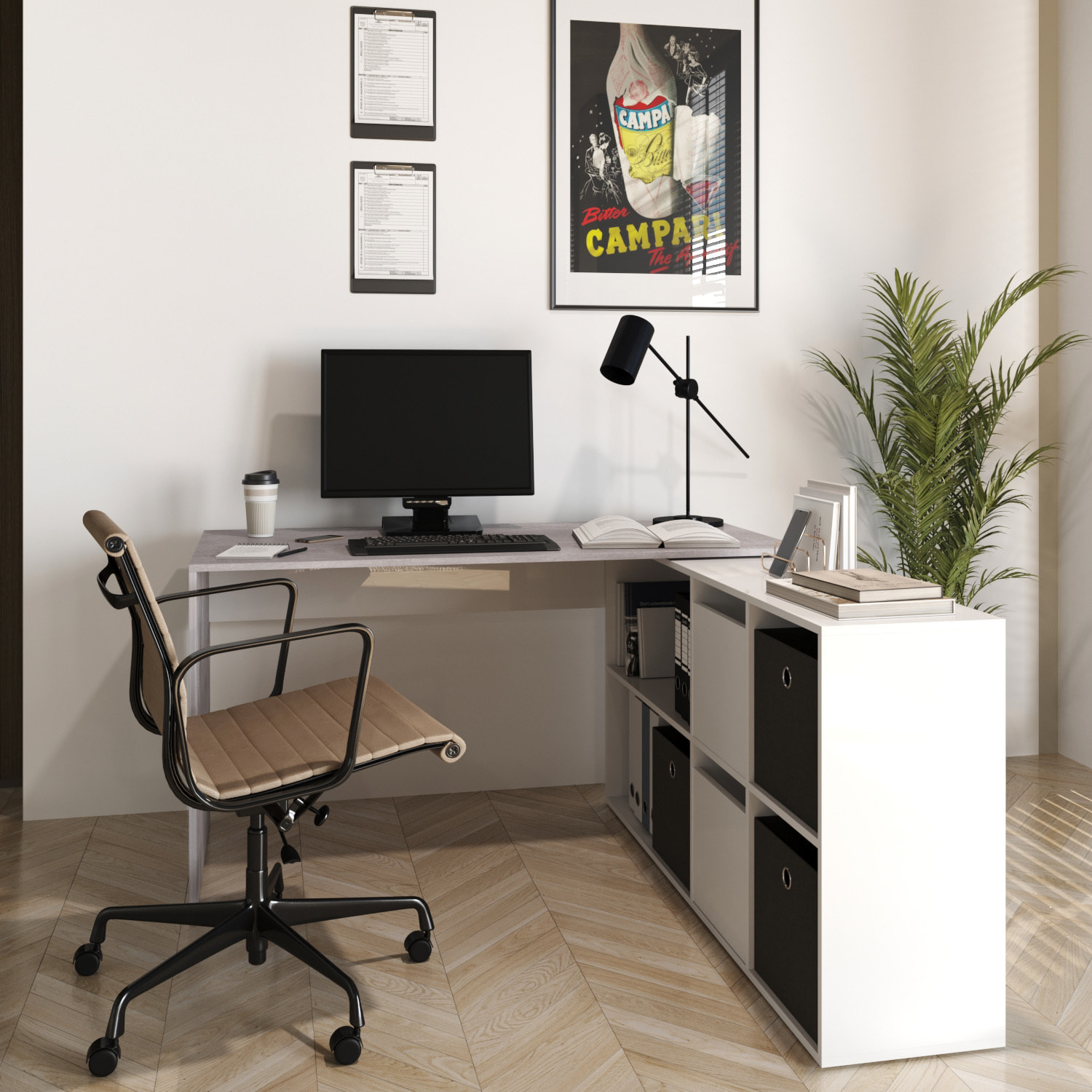 Scrivania Multiposizione con Scompartimenti Murcia Scrittoio Mobile per Computer Desk da Ufficio Soggiorno Sala Pranzo 136x74x66 cm Bianco E Grigio