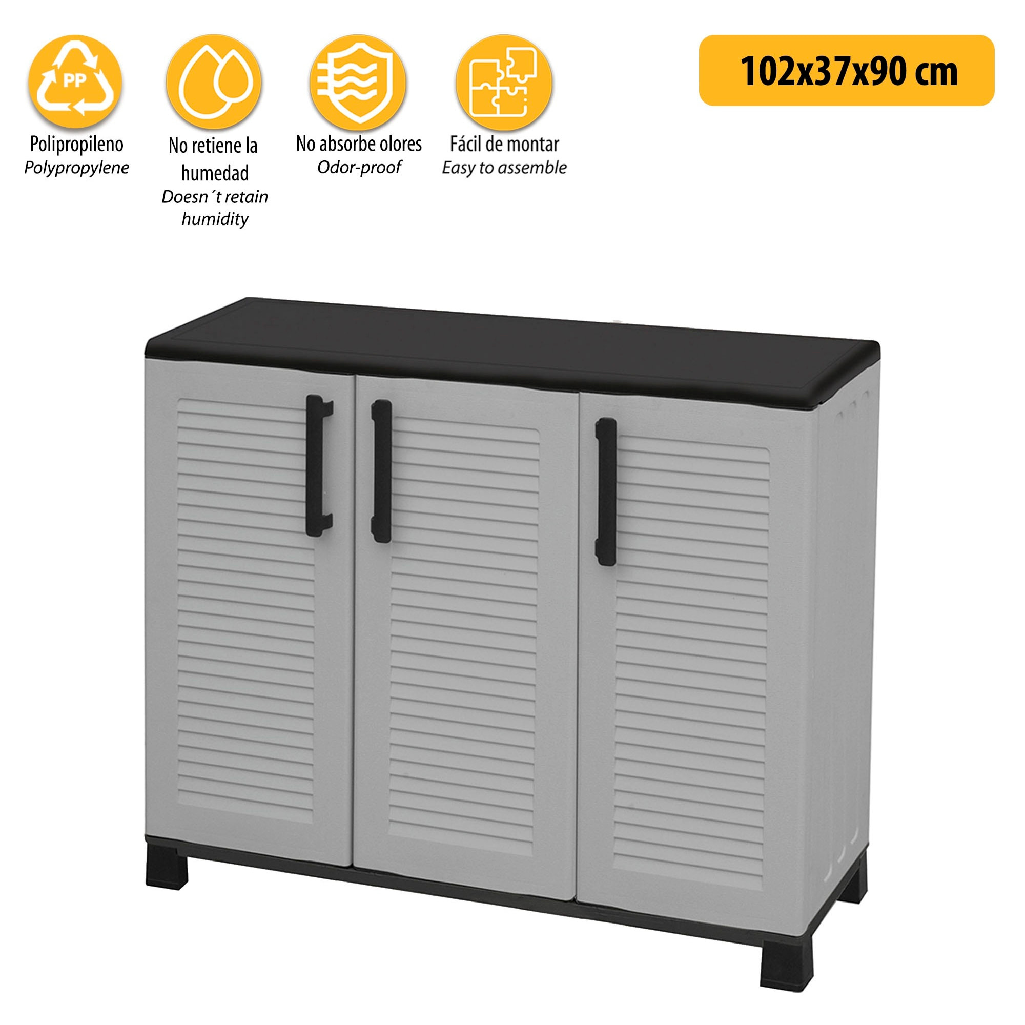 Armario de mediana altura en polipropileno, material reciclable y ecológico sostenible, está equipado con bisagras de acero, estantes ajustables y los