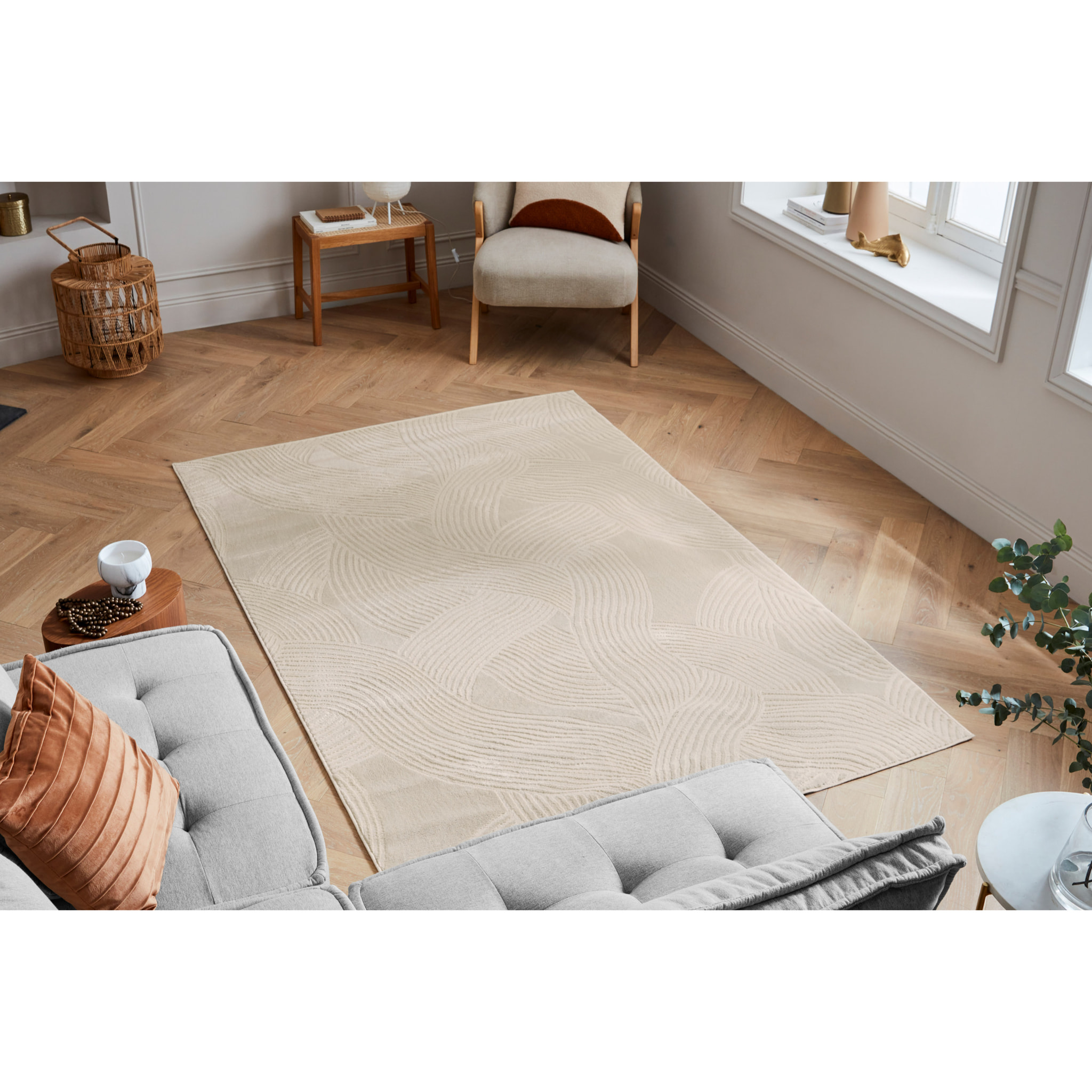 BLOOM - Tapis poils ras motif arc en ciel en relief - Crème