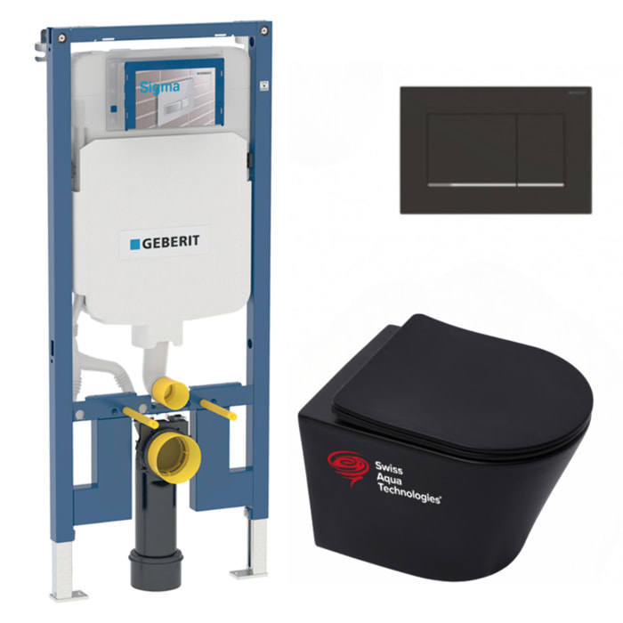 Pack WC Bati-support Geberit + WC suspendu sans bride Swiss Aqua Technologies + Abattant SoftClose + Plaque noire mat/chrome