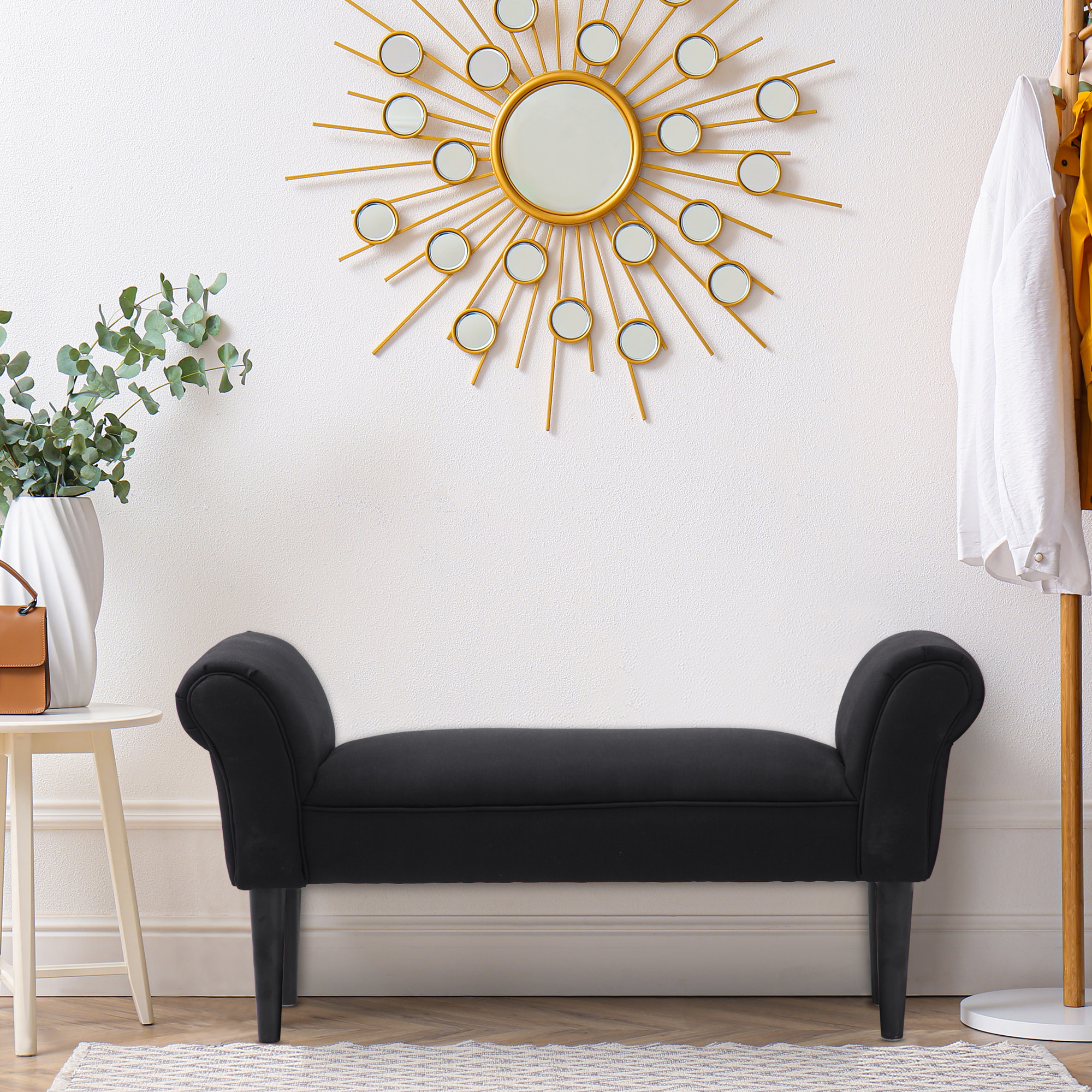 Taburete Pie de Cama con Brazos de Madera 102x31x51cm Negro