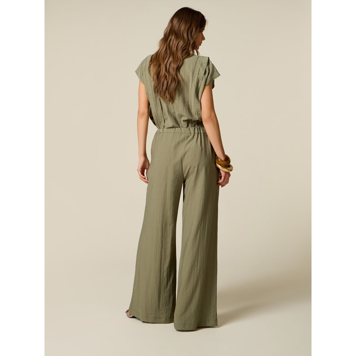 Oltre - Pantaloni palazzo effetto crinkle - Verde militare