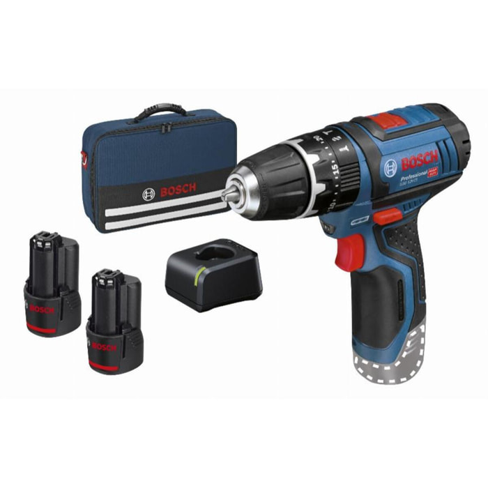 Perceuse visseuse à percussion GSB 12V-15 - BOSCH - avec 2 batteries 12V 2.0Ah - chargeur - sacoche - 06019B690H