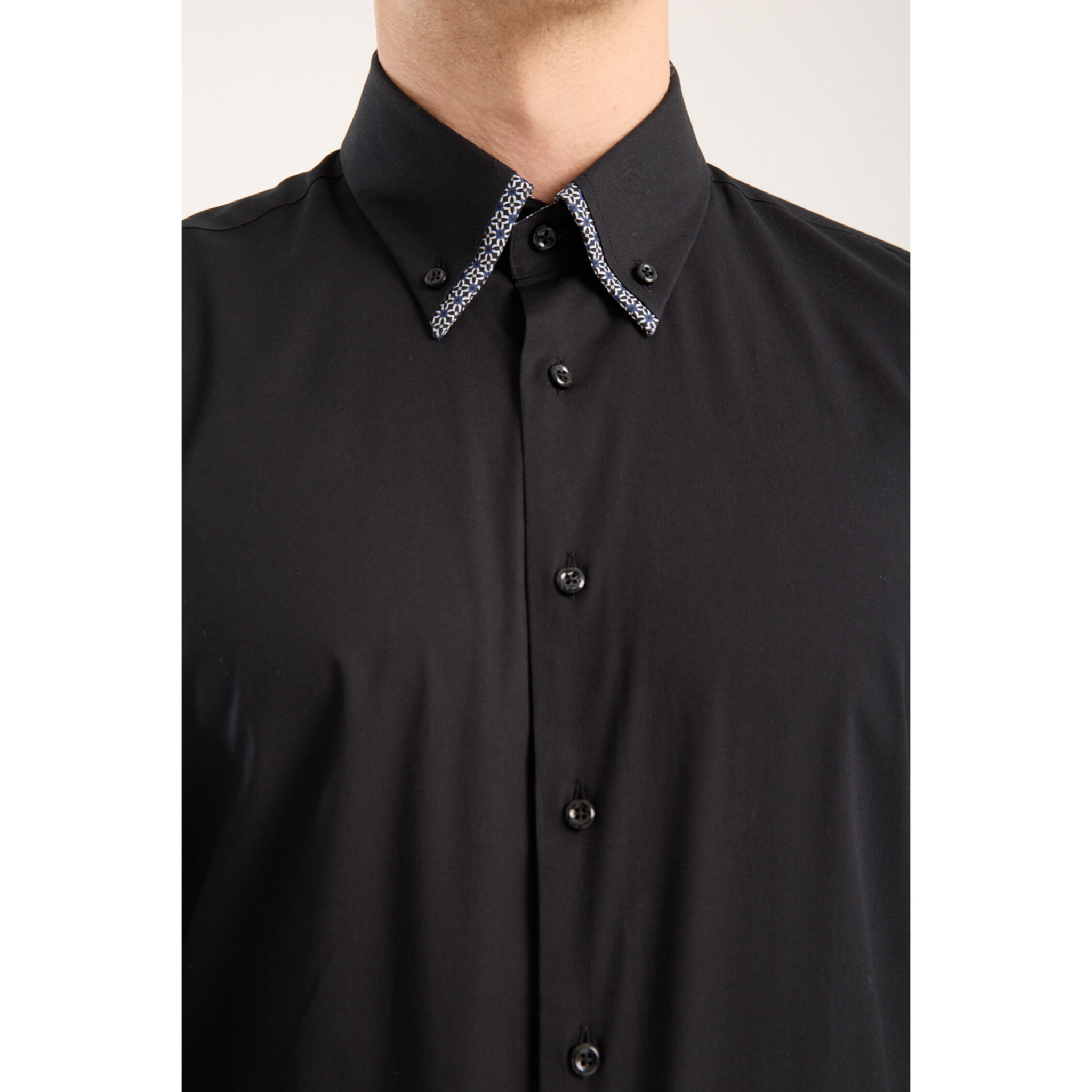 Camicia Uomo 2 Bottoni Button Down Doppio Coll Popeline Stretch Unito Nero