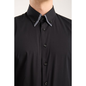 Camicia Uomo 2 Bottoni Button Down Doppio Coll Popeline Stretch Unito Nero