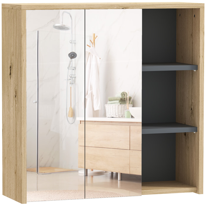 Armoire miroir de salle de bain - 2 portes, étagère, 3 niches - dim. 60 x 20 x 60 cm - effet bois clair naturel