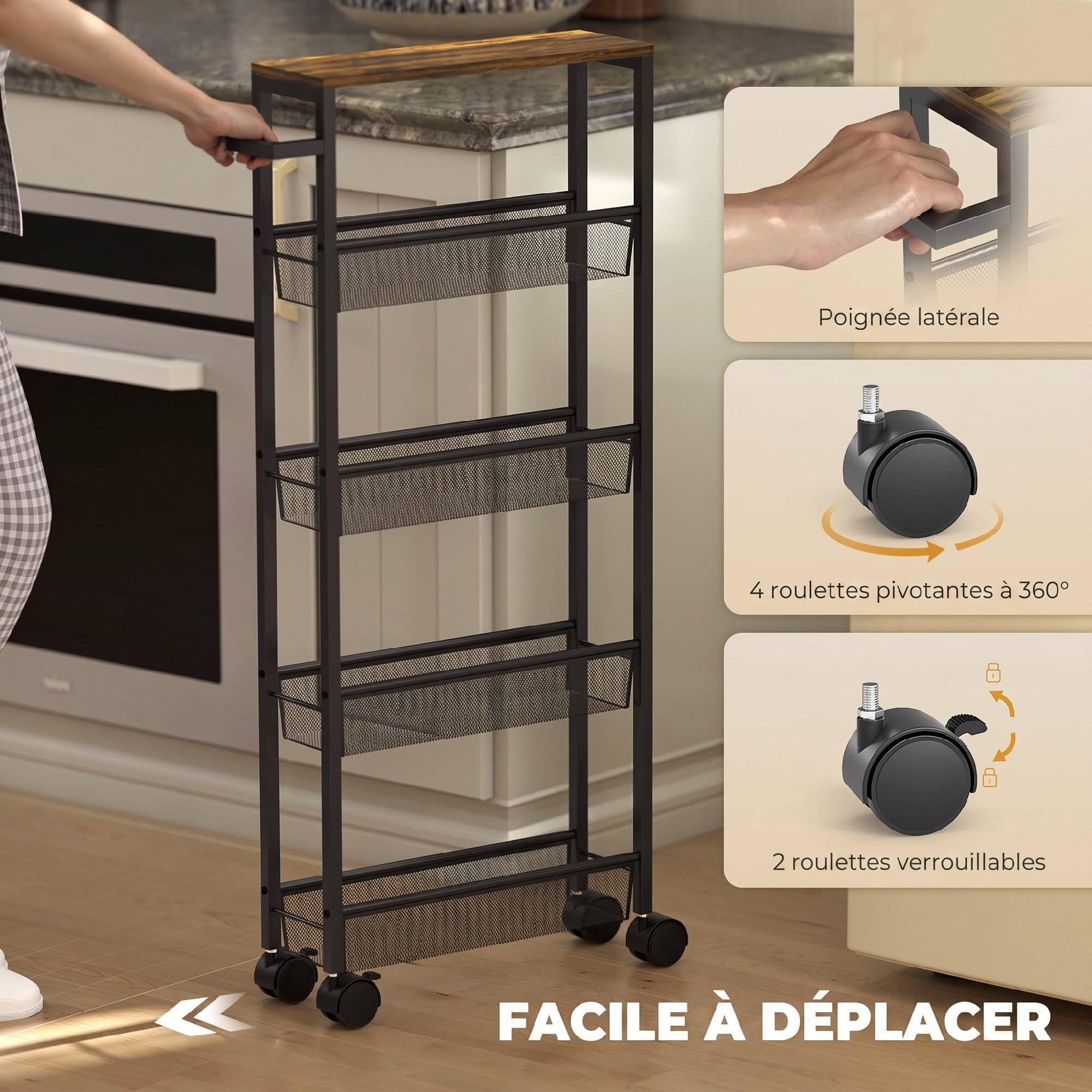 Desserte cuisine 4 paniers maillage métallique plateau effet bois