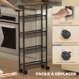 Desserte cuisine 4 paniers maillage métallique plateau effet bois