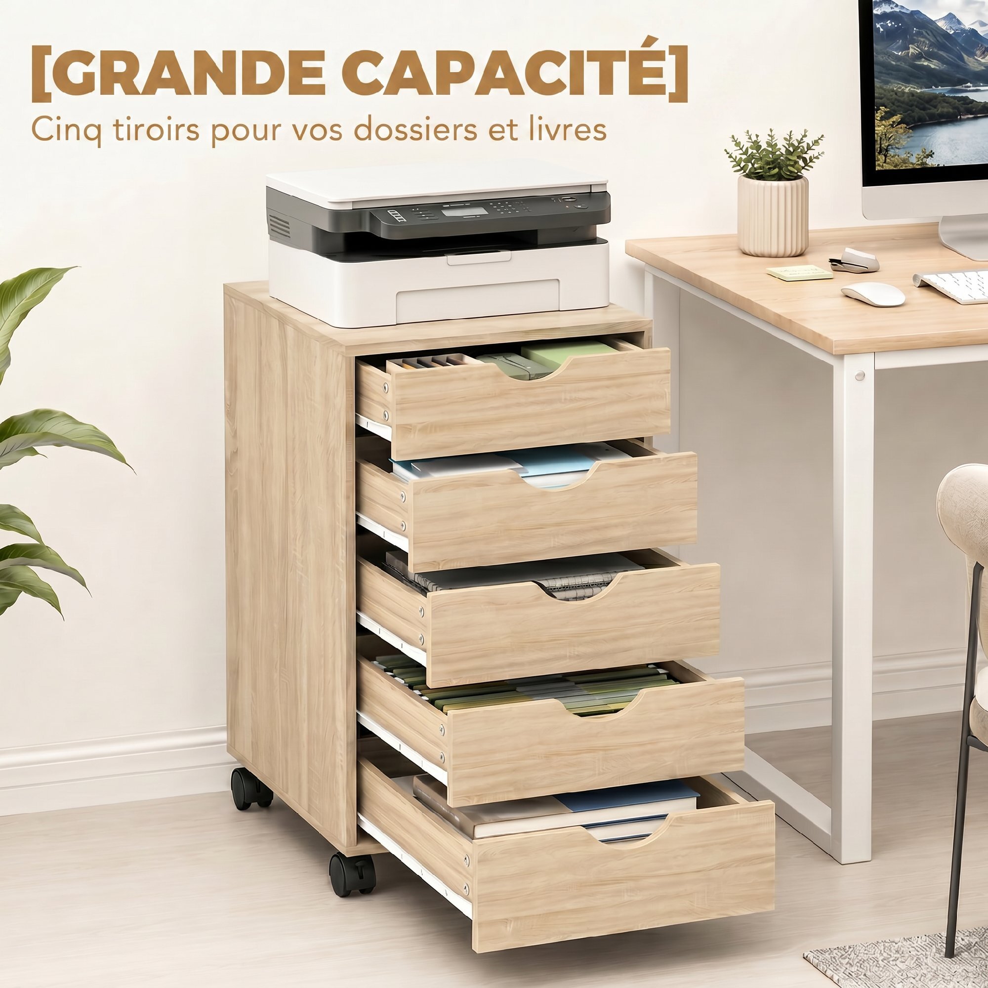Caisson bureau 5 tiroirs mobile dim. 40x40x67cm effet bois clair