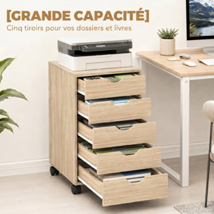 Caisson bureau 5 tiroirs mobile dim. 40x40x67cm effet bois clair