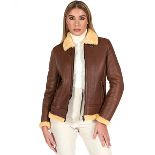 Montone shearling cuoio con fibbie e cerniera centrale