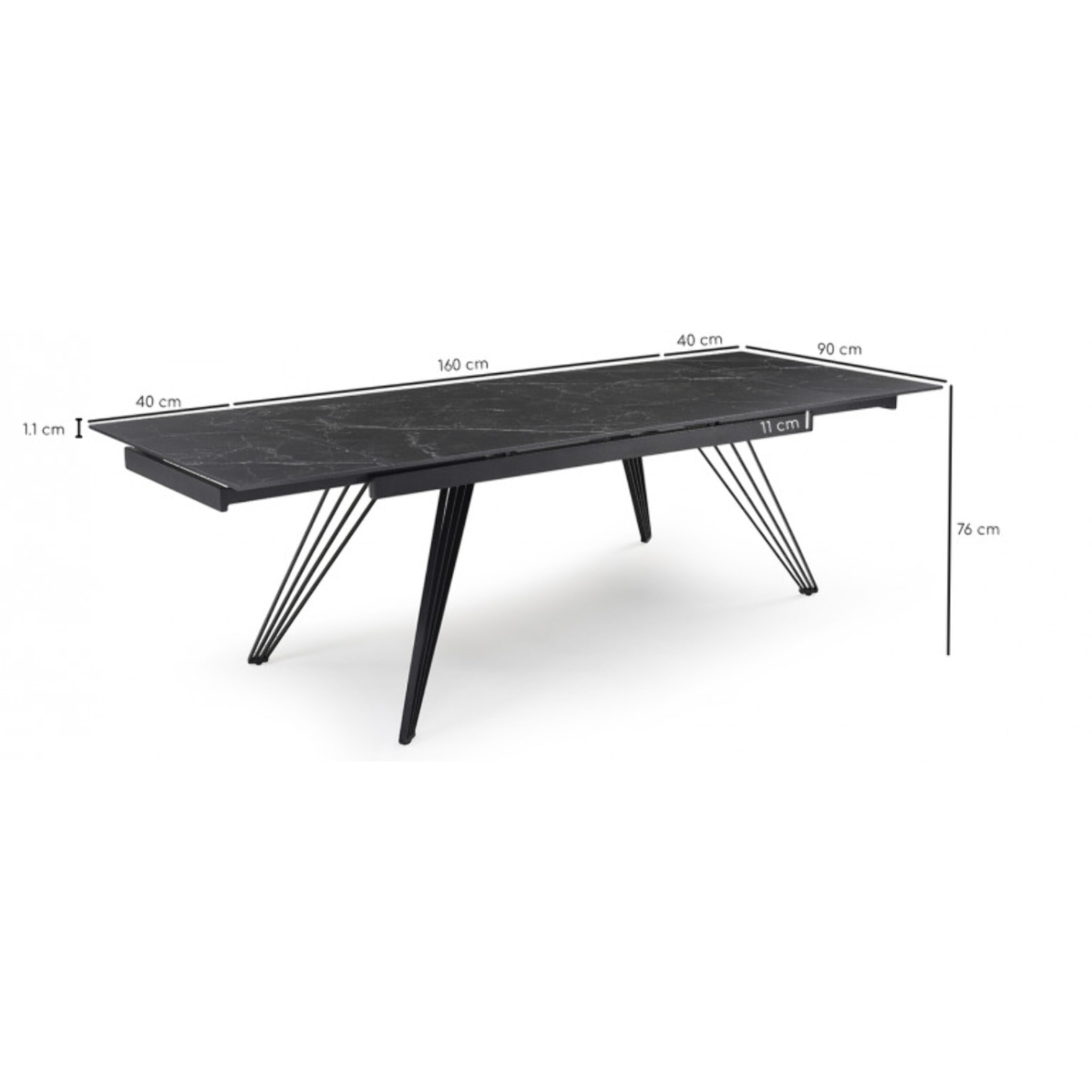 Table extensible en céramique marbré noir L160/240cm - 9 piètements - UNIK