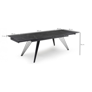 Table extensible en céramique marbré noir L160/240cm - 9 piètements - UNIK