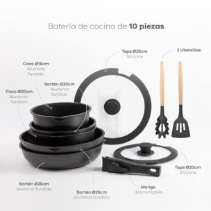 Batería de cocina 10 Pzs Negro / Mango extraíble, 3 Sartenes, 2 Cazos, Tapas y Utensilios/Aluminio fundido