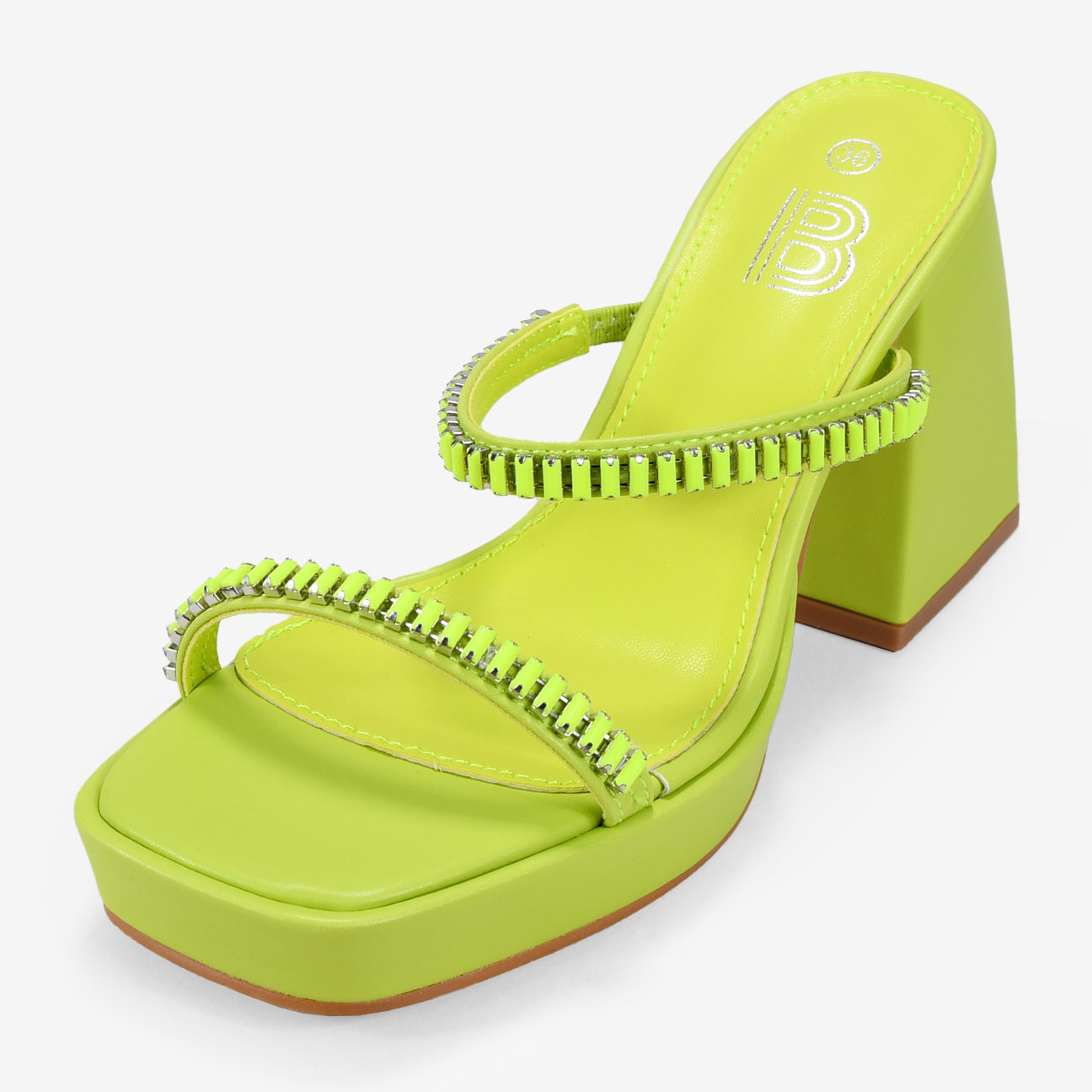 Sandalias de tacón campana lima destalonadas con piedras a tono