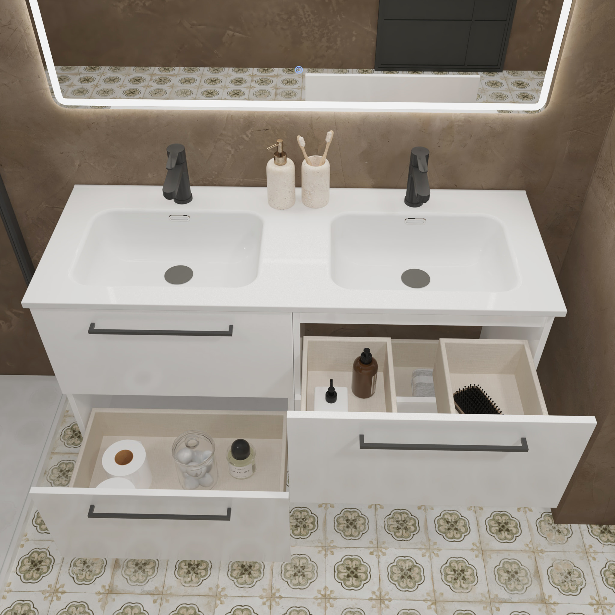 Conjunto de Baño Vex | 120 cm Blanco| Cuatro Cajones | Lavabo Encastrado | No incluye Espejo | Mueble Montado | Alday