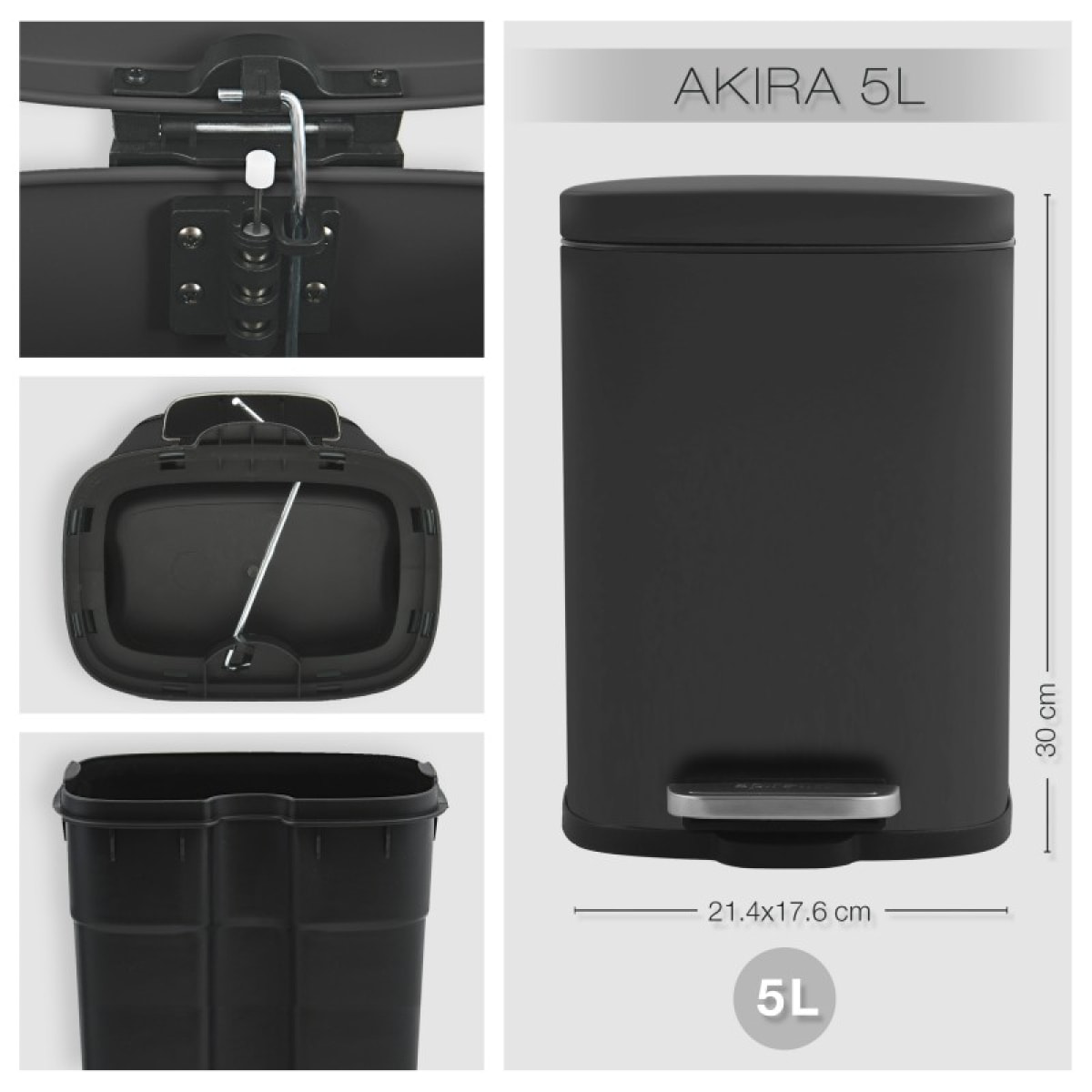 Poubelle à pédale Acier AKIRA 5L Noir mat Spirella