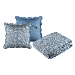 Ensemble réversible boutis et taies au style fleuri - Bleu
