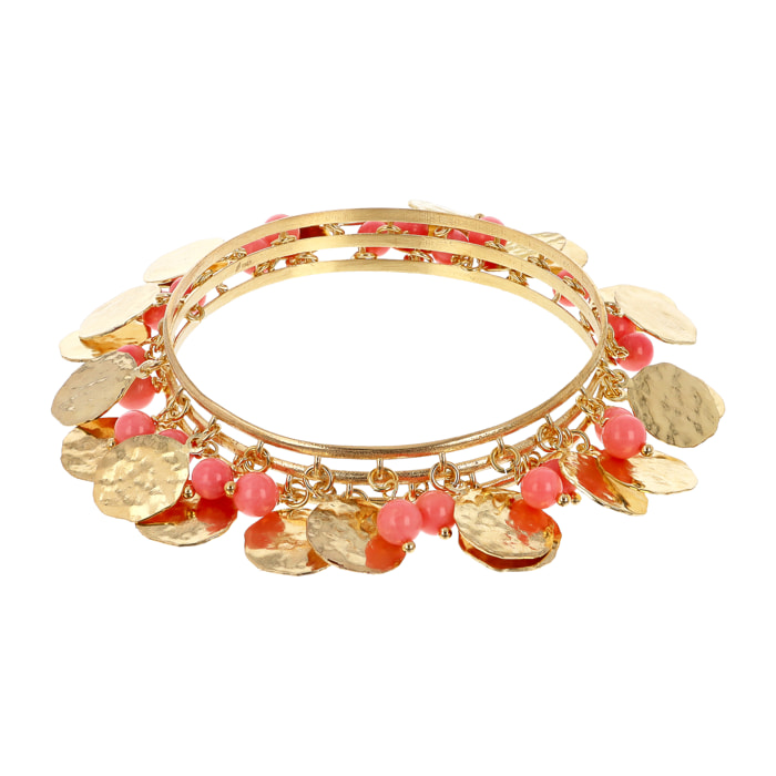 Bracciale Rigido Triplo placcato Oro Giallo 18Kt con Ciondoli Martellati e Sfere in Corallo Bambù Rosa