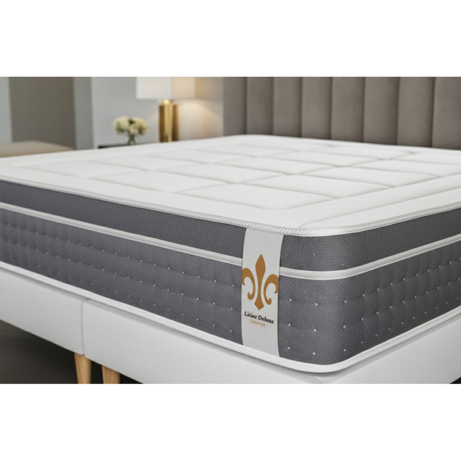 Ensemble Matelas Trente - 30cm - Ressorts ensachés et mémoire de forme - Confort d'exception - Sommier Tapissier Gris