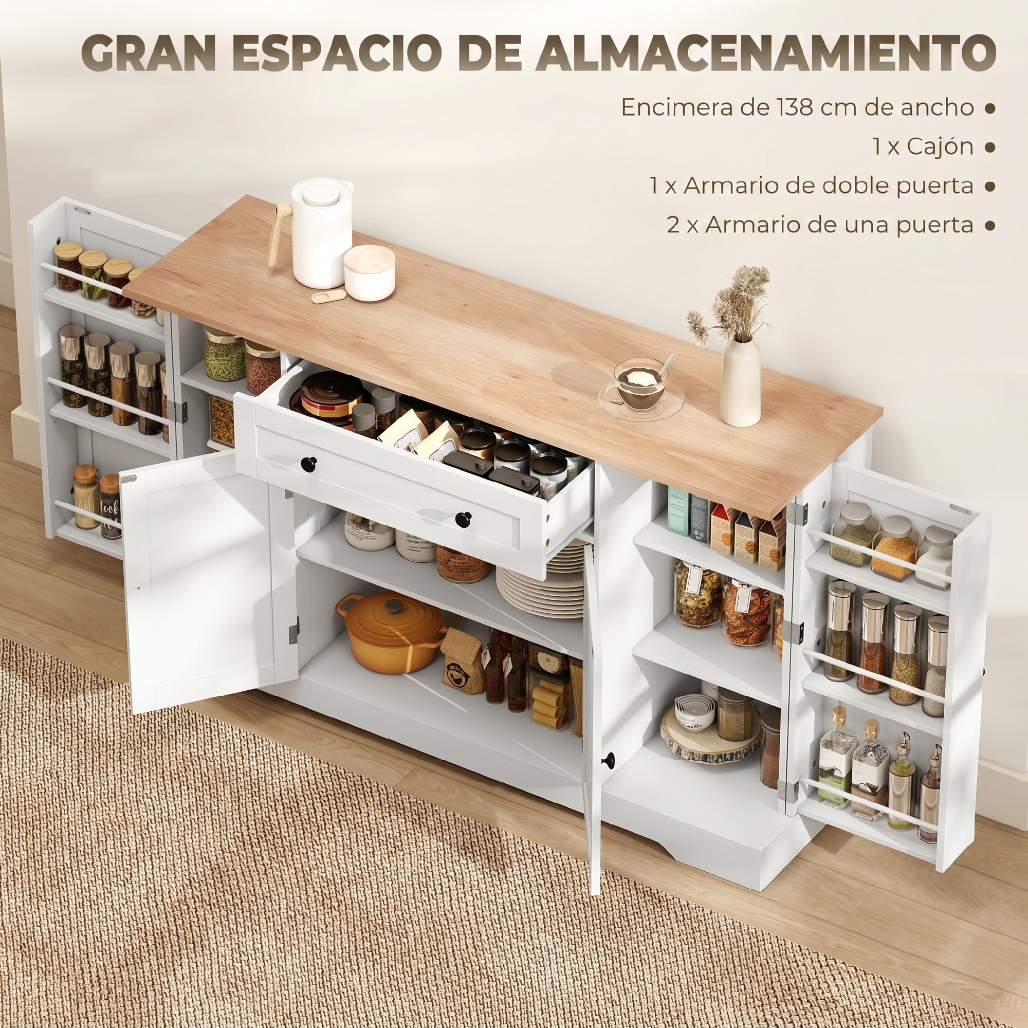 Aparador, Armario de Cocina Moderno con Cajón, Estantes en las Puertas, Estantes Ajustables, Barra de Café, Aparador para Cocina, Comedor, 138x40x83,5 cm, Blanco