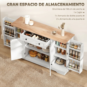 Aparador, Armario de Cocina Moderno con Cajón, Estantes en las Puertas, Estantes Ajustables, Barra de Café, Aparador para Cocina, Comedor, 138x40x83,5 cm, Blanco