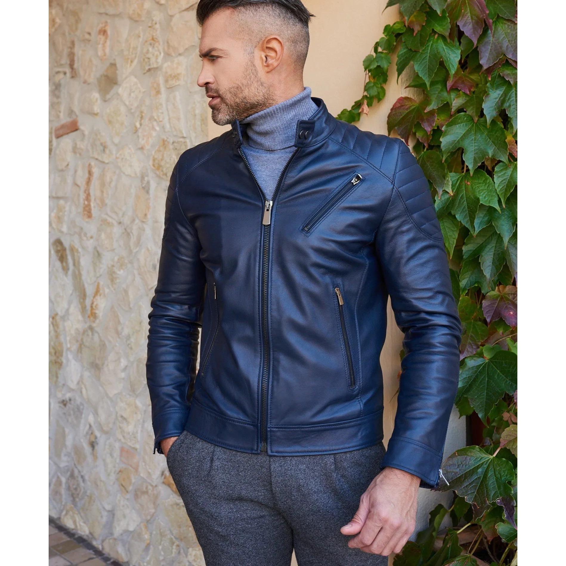 Giacca moto in pelle blu biker trapuntato spalle effetto liscio