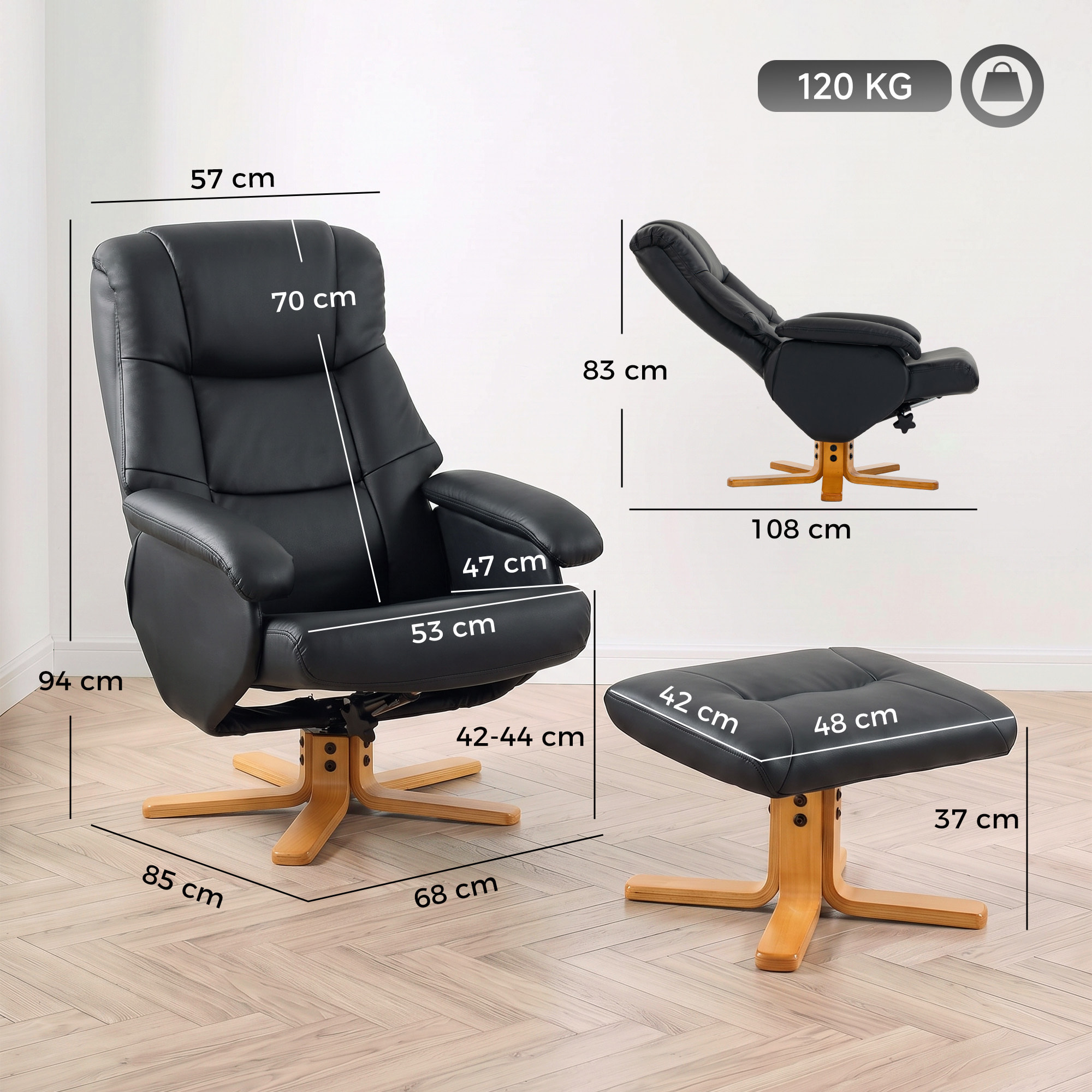 Fauteuil relax inclinable pivotant avec repose-pied piètement bois clair synthétique noir