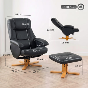 Fauteuil relax inclinable pivotant avec repose-pied piètement bois clair synthétique noir