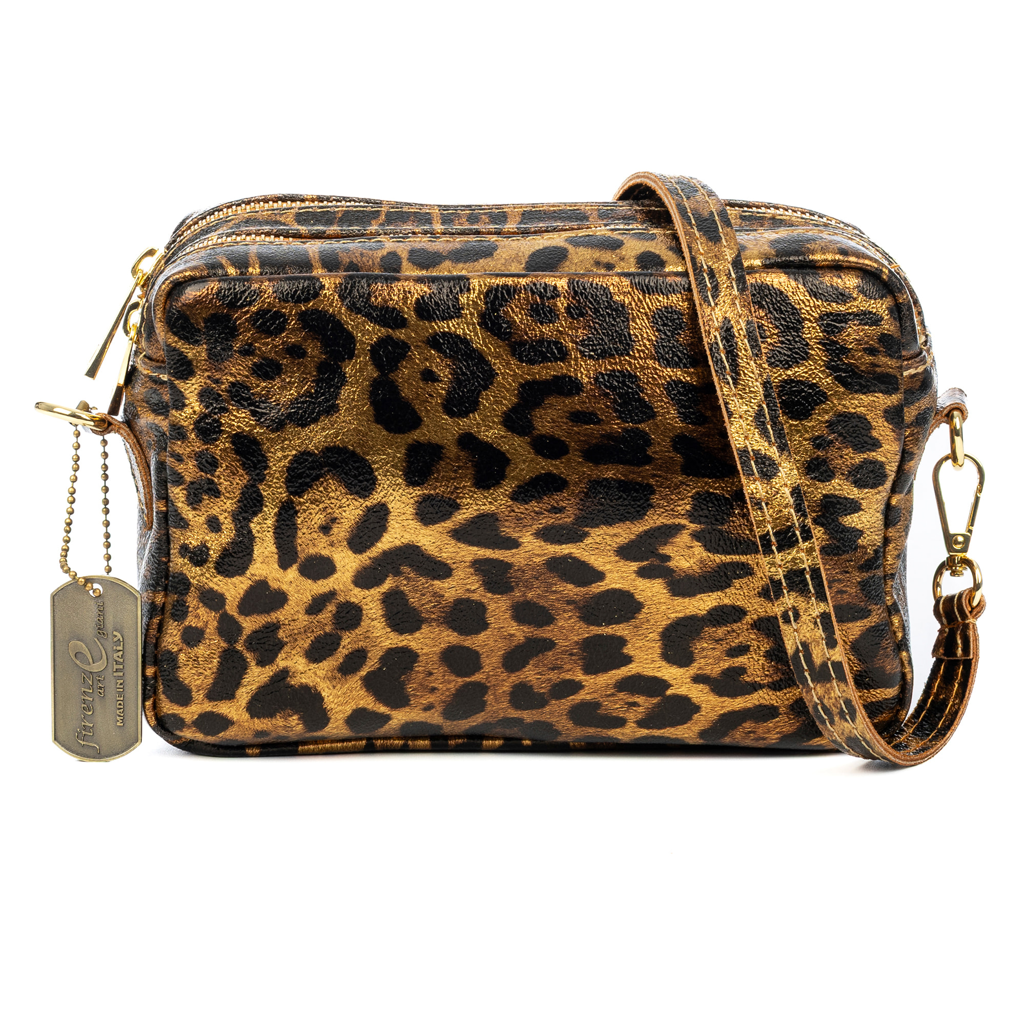 Degna borsa a tracolla donna. Pelle scamosciata autentica con stampa animalier leopardata e finitura lucida.