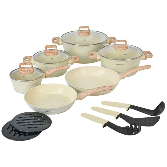 Batterie de cuisine 15 pièces avec revêtement en granit et manche en Bois Noir Herzberg beige HGWDBEJ15-BEI