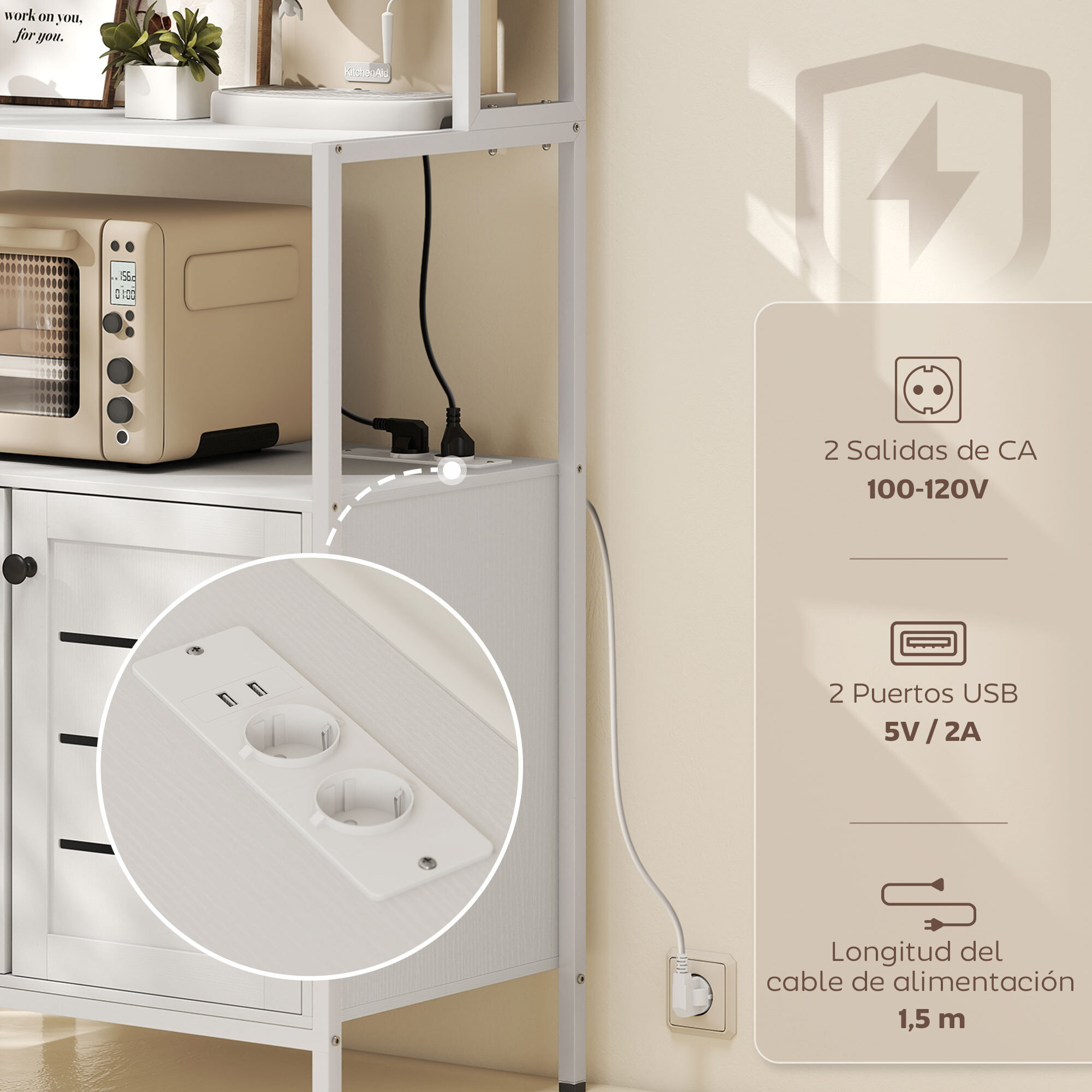 Estantería de Cocina con Toma de Corriente Soporte para Microondas Estante de Cocina con 2 Puertas con Lamas 2 Puertos USB y Compartimentos para Comedor Salón Blanco