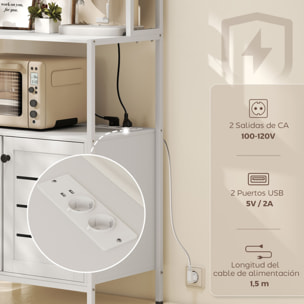 Estantería de Cocina con Toma de Corriente Soporte para Microondas Estante de Cocina con 2 Puertas con Lamas 2 Puertos USB y Compartimentos para Comedor Salón Blanco
