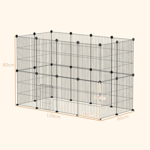 Valla Metálica para Mascotas de 24 Paneles, Jaula para Animales Pequeños, Forma Personalizable, Jaula para Conejos, Cobayas, Chinchillas, Gatitos, 120x60x80 cm, Negro