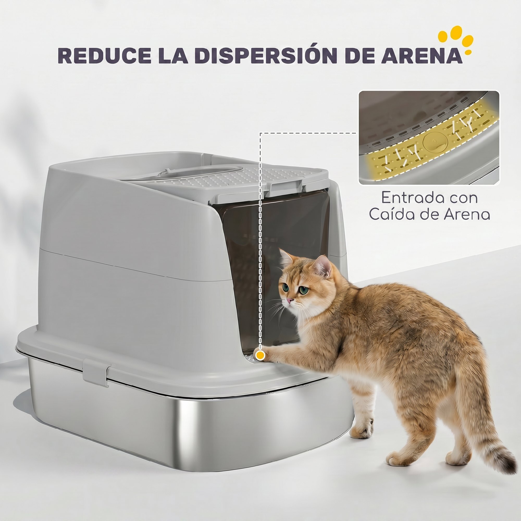 Arenero para Gatos de Acero Inoxidable L, Caja de Arena para Gatos con Tapa Abatible, Pala Metálica, Bolsa Desodorizante, Fácil de Limpiar, Antifugas, Gris Claro