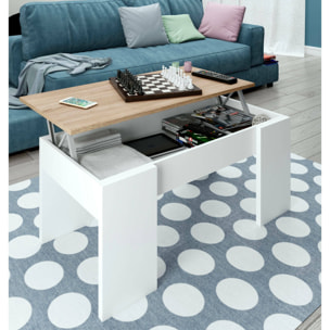 Tavolino da salotto Almas, Tavolino da caffè con piano elevabile, Tavolo basso da soggiorno, 100x50h45/56 cm, Bianco e Rovere