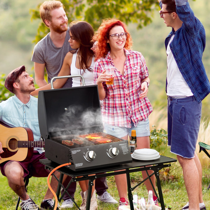 Barbacoa de Mesa a Gas Plegable con 2 Quemadores Parrilla de Gas Portátil con Tapa Acero a Carbono para Camping Picnic al Aire Libre Jardín 55x46,5x41 cm Negro