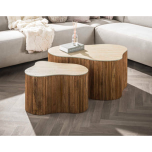 Jade - lot de 2 tables basses gigognes effet travertin - pieds en bois massif de manguier - 90 et 61 cm - Bois / Beige