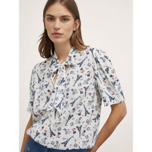 Motivi - Blusa con lazo estampado Paris - Blanco