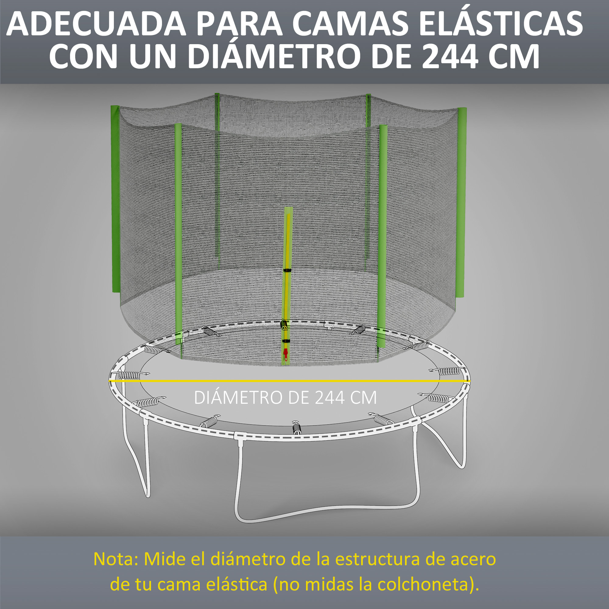Red de Seguridad para Cama Elástica Ø244 cm Red de Trampolín Redondo para Exterior Protectora para Cama Elástica de 6 Postes Rectos Verde