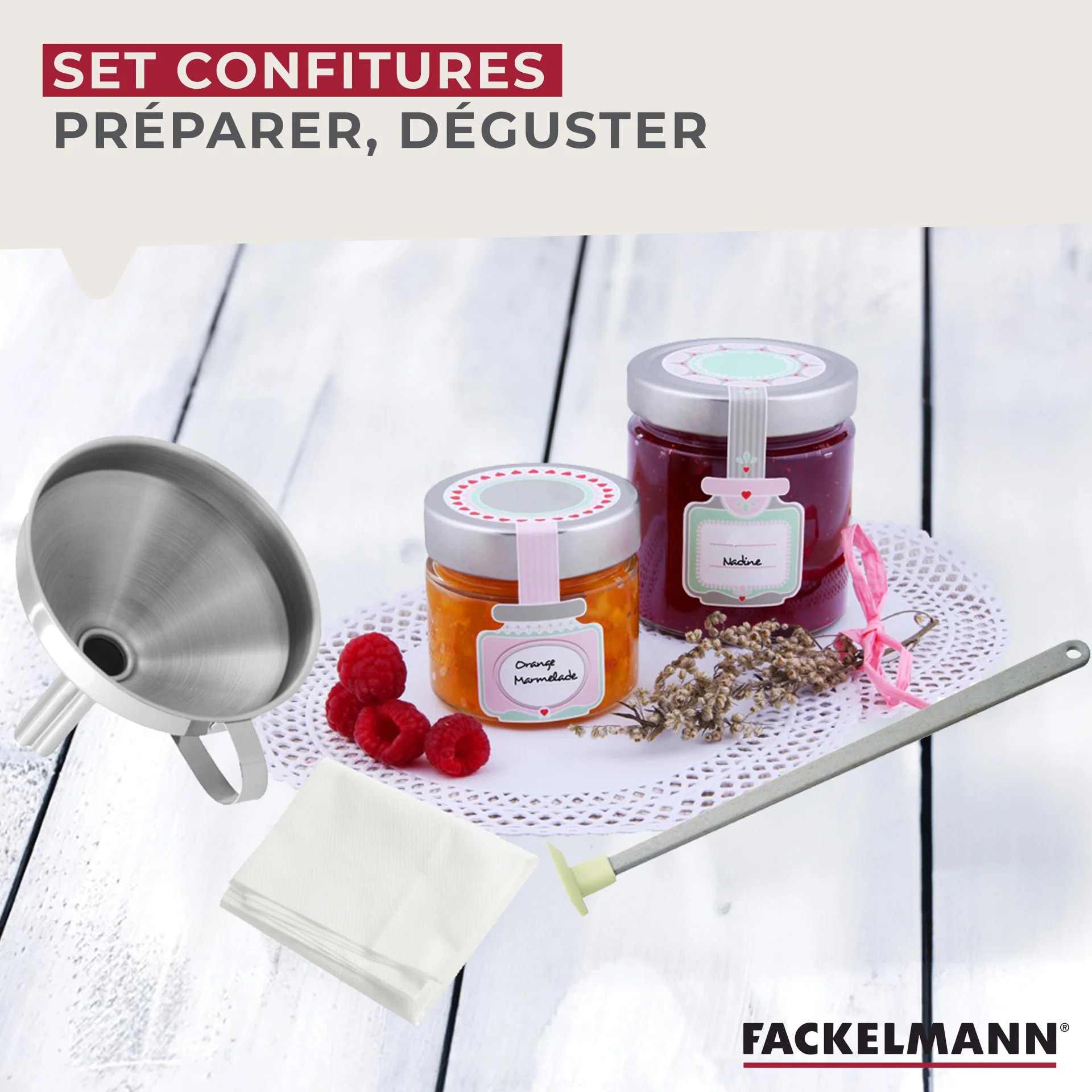 Set pour confiture maison avec entonnoir 10 cm en inox Fackelmann